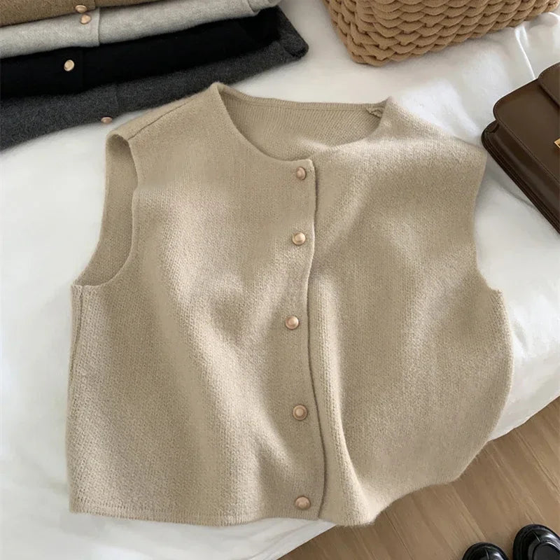 Women's Sleeveless Knit Button Front Vest Casual Knit Layer