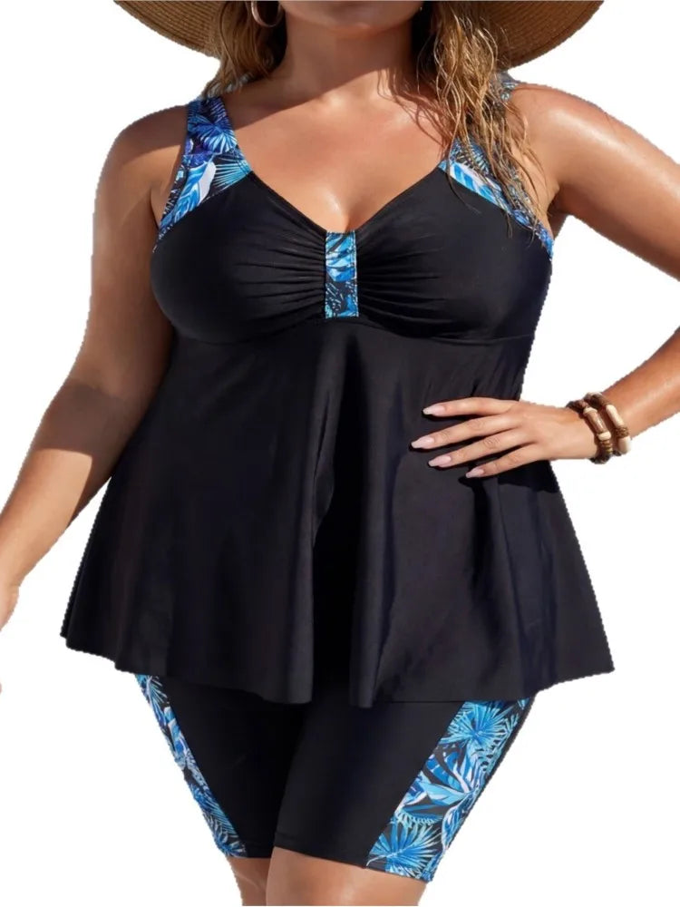 Women's Contrast Trim Swimdress Top and Long Shorts Set