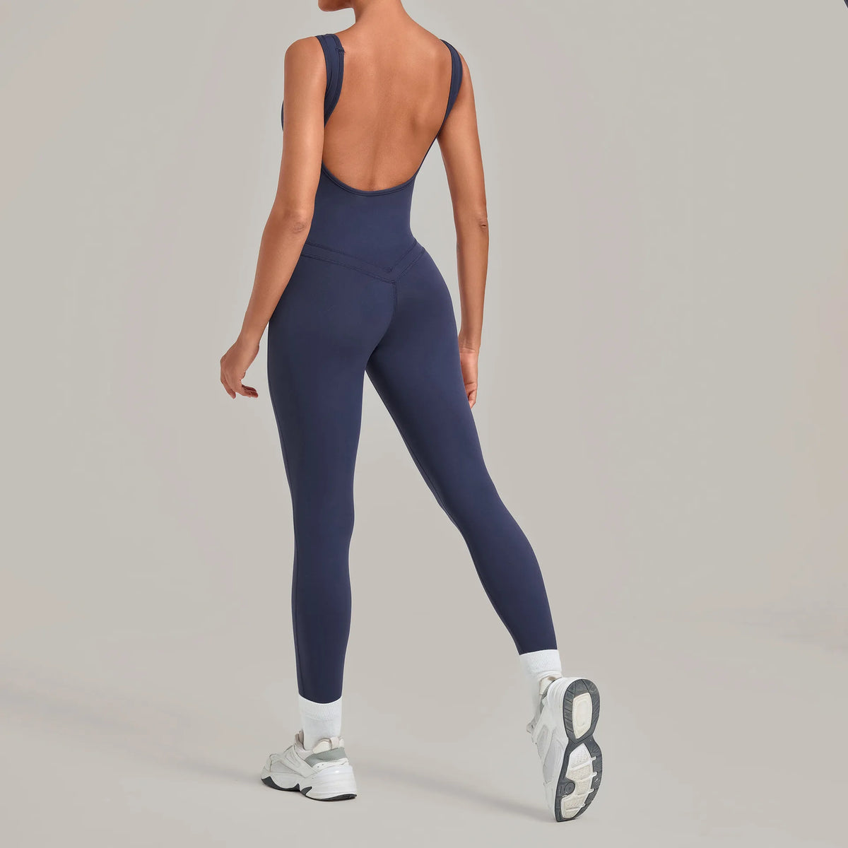 Women's Wide Strap Nylon Blend Workout Jumpsuit with Low Scoop Back