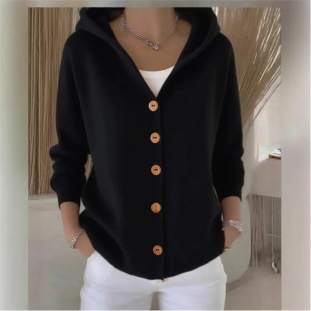 Women's Hooded Button Front Cardigan Casual Knit Layer