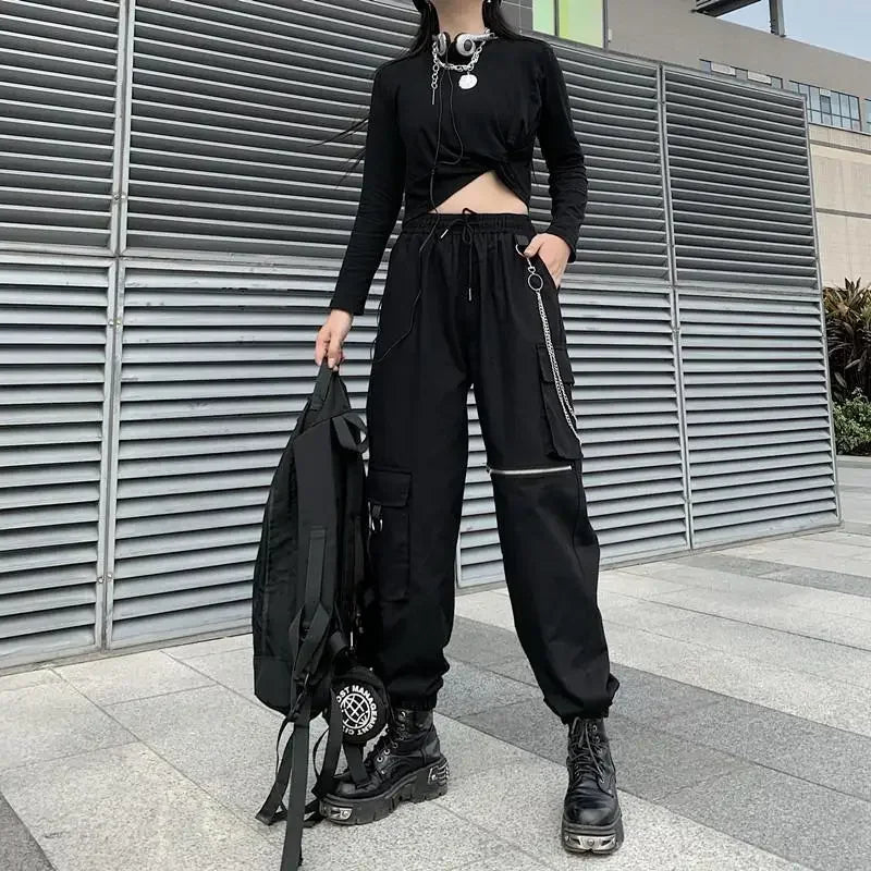 Women's Black Cargo Joggers with Chain and Strap Style Details