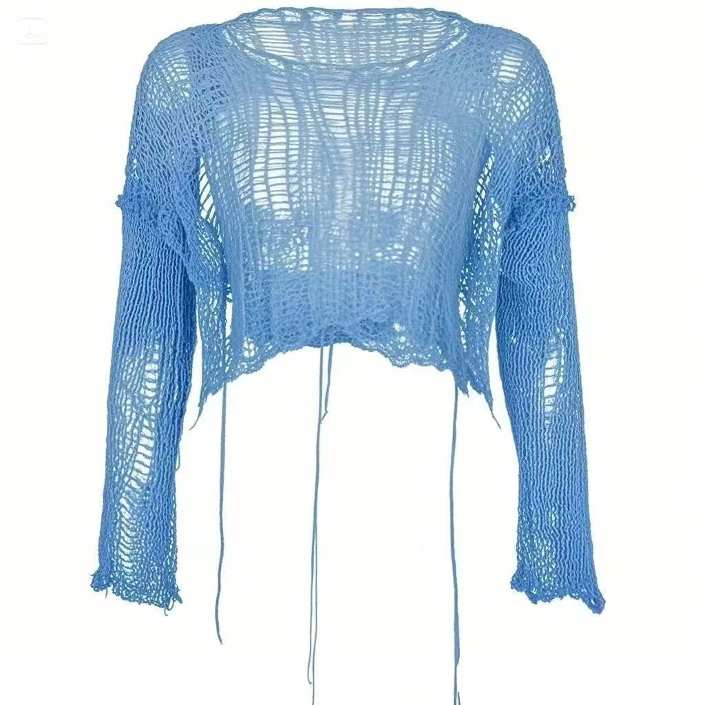 Women's Distressed Open Knit Cropped Pullover Crop Top