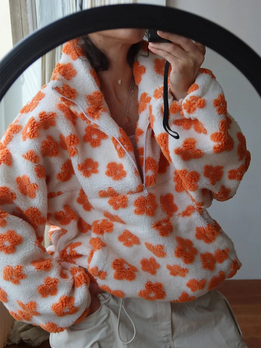 Floral Fleece Stand Collar Half Zip Long Sleeve Sweatshirt