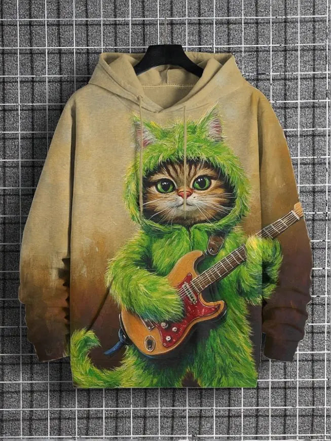 Cat Dinosaur and UFO Graphic Long-Sleeve Pullover Hoodie