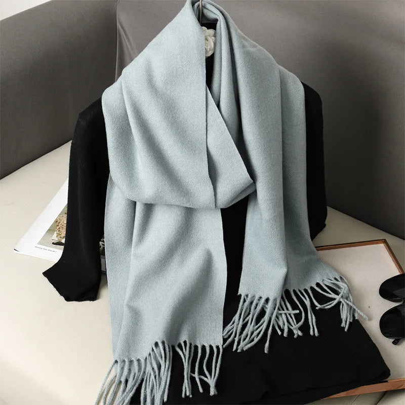 Solid Long Rectangular Scarf with Decorative Fringe Trim