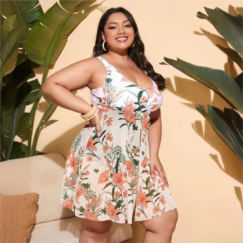 Women's Printed Scoop Neck Swimdress with Side Tie Skirt Overlay
