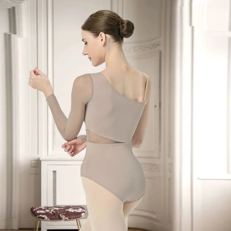 Women's Asymmetric Mesh Ballet Leotard with Diagonal Bodice and Long Sleeve