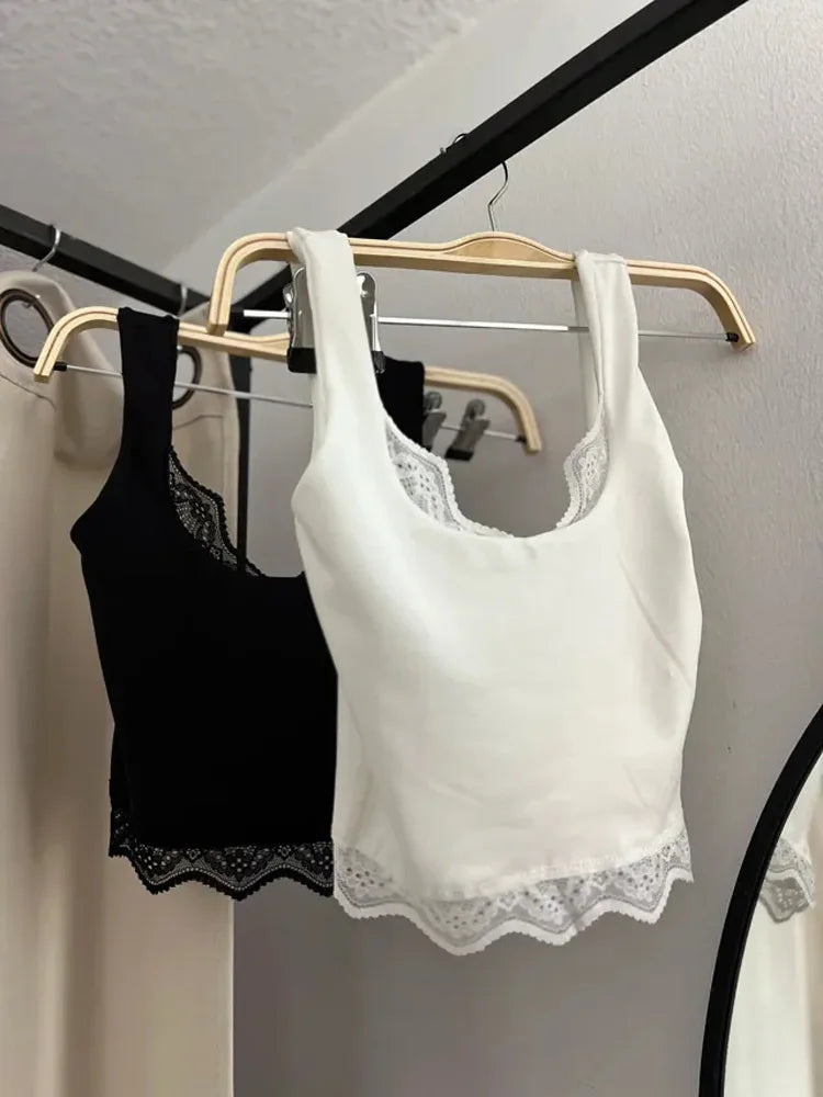 Women's Lace Panel Polyester Crop Tank Top with a Rounded Neckline