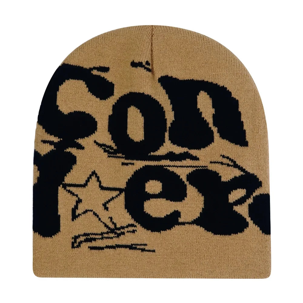 Graphic Knit Beanie with Letter and Pattern Style Options