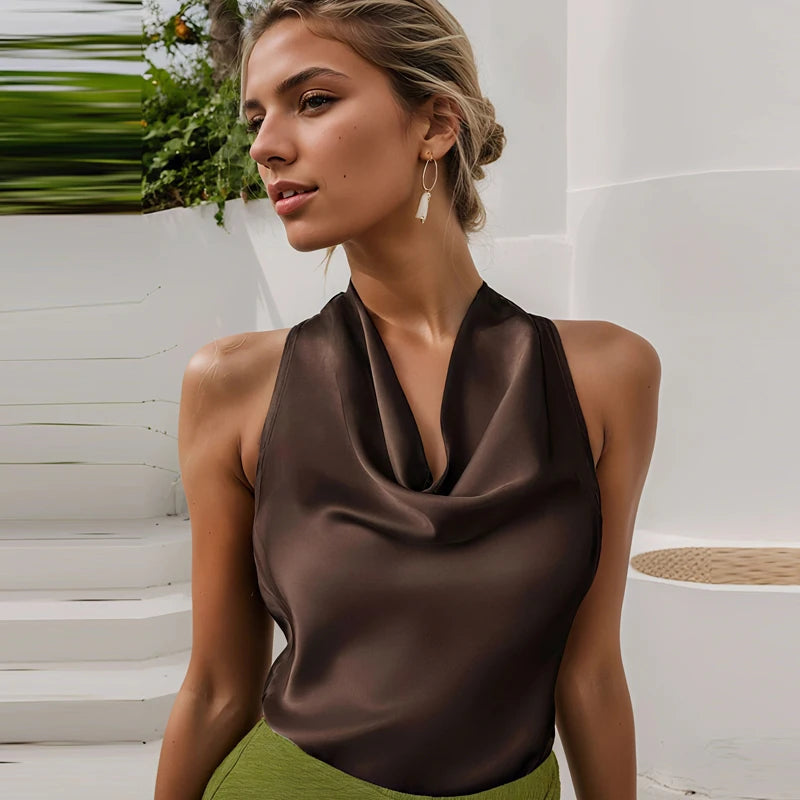 Women's Satin Polyester Halter Camisole with a Draped Front and Open Back
