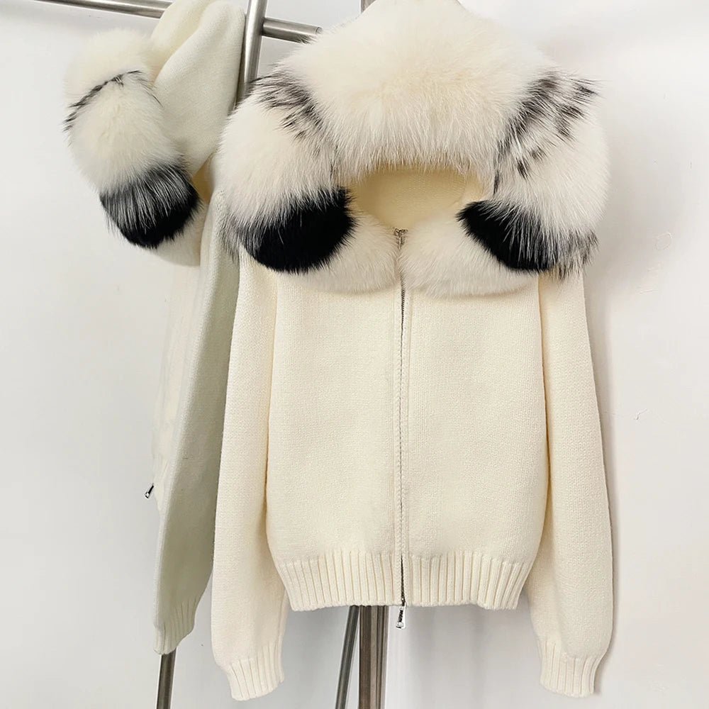 Women's Hooded Zip Front Fluffy Trim Jacket Casual Knit Layer