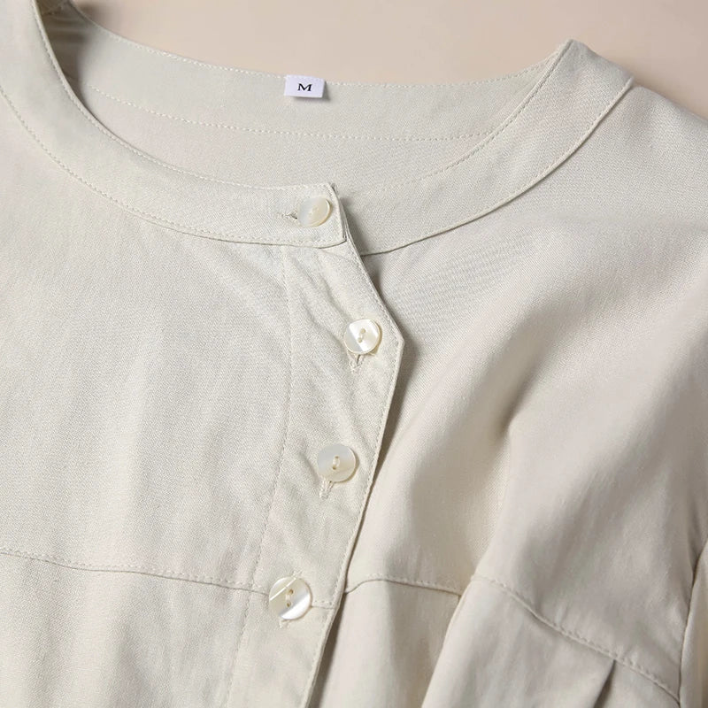 Women's Linen-Rayon Long-Sleeve Loose Round-Neck Blouse with Button Detail for Casual Outfits
