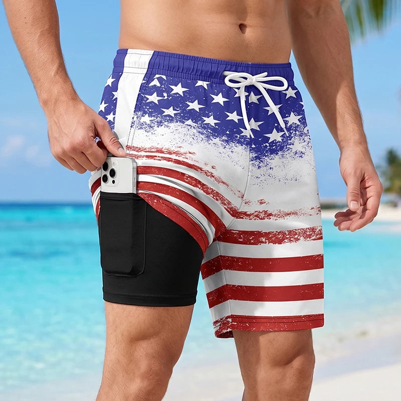 Men's Swim Shorts with Printed Design and Phone Pocket for Beach and Pool Wear