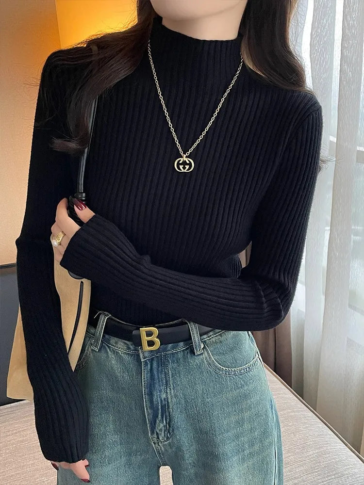 Women's Ribbed Mock Neck Long Sleeve Sweater Casual Knit Layer