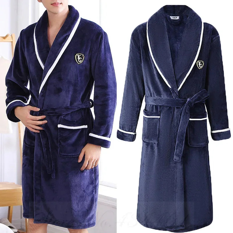 Men's Flannel Fleece Lapel Collar Tie Waist Bathrobe