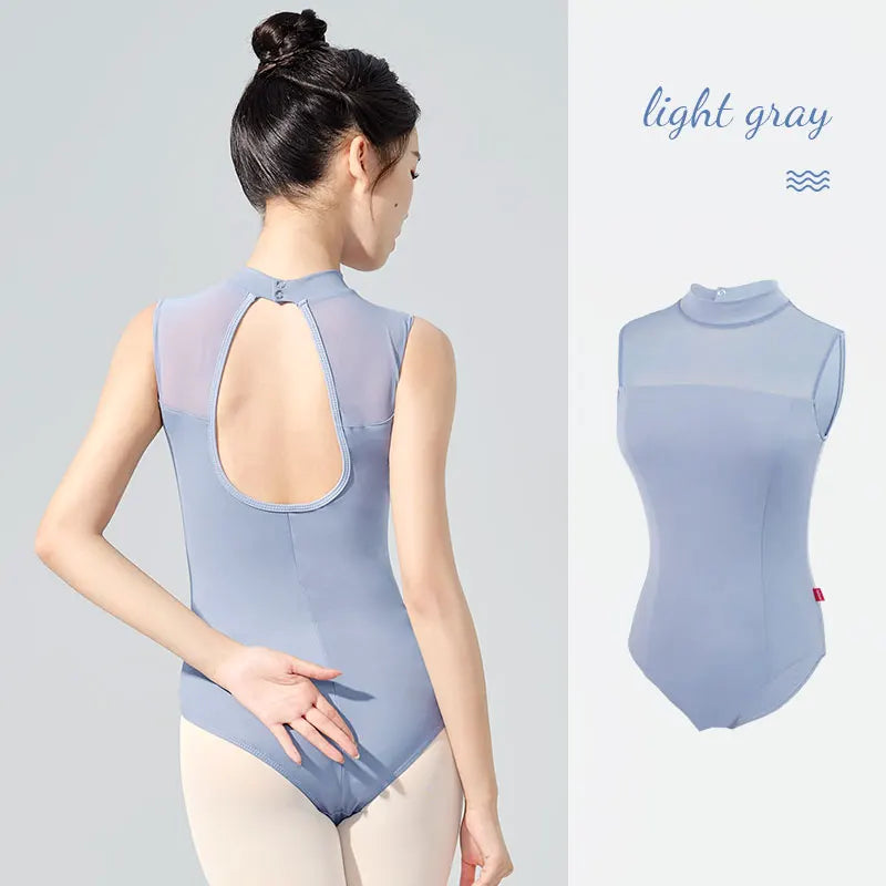 Women's Sleeveless Mock Neck Ballet Leotard with Mesh and Back Cutout