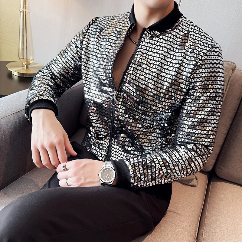 Metallic Finish Long Sleeve Front Zip Casual Bomber Jacket