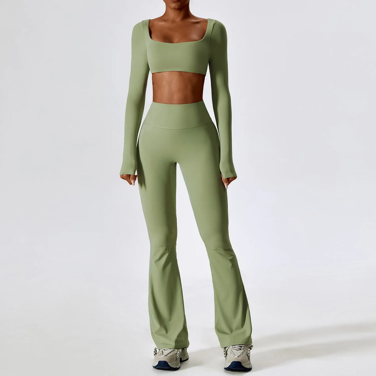 Women's Crop Top Sleeve Layer And Flared Pants Yoga Set