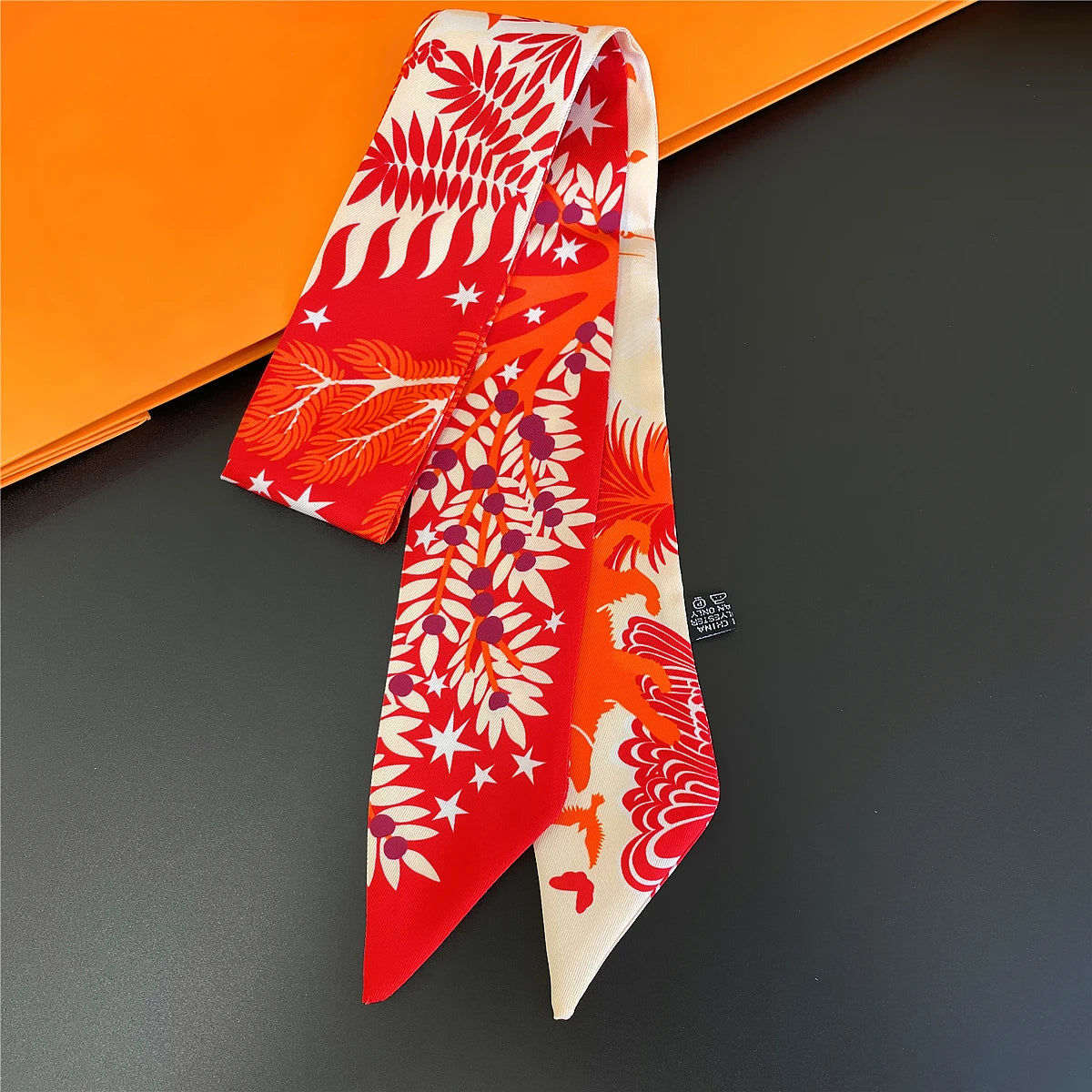 Colorful Printed Skinny Ribbon Scarf with Tie Ends