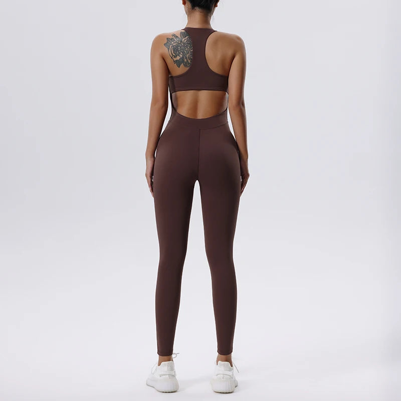 Women's Sleeveless Nylon Blend Workout Jumpsuit with Front Zipper and Back Cutout