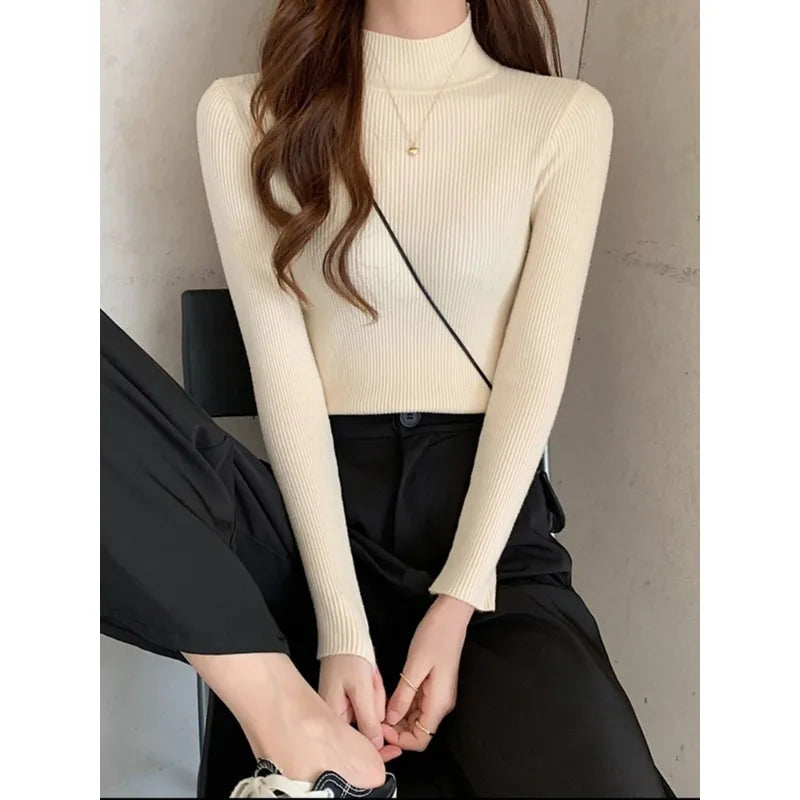Women's Mock Neck Fitted Long Sleeve Sweater Casual Knit Layer