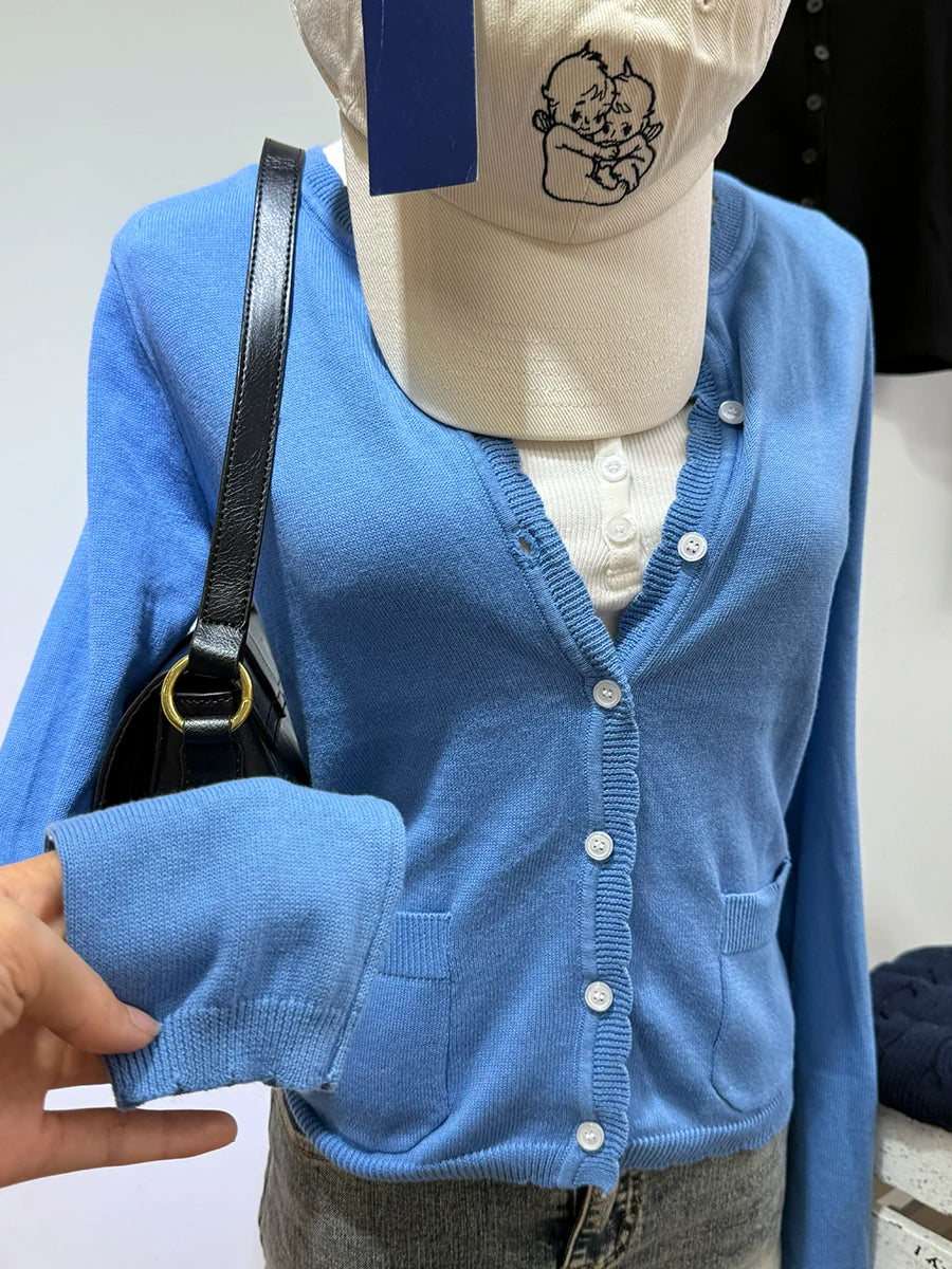 Women's Round Neck Button Front Cardigan Casual Knit Layer