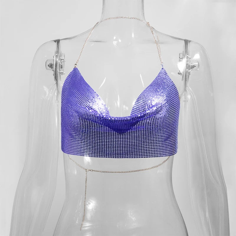 Women's Metallic Chain Mesh Halter Crop Top with Draped Neckline
