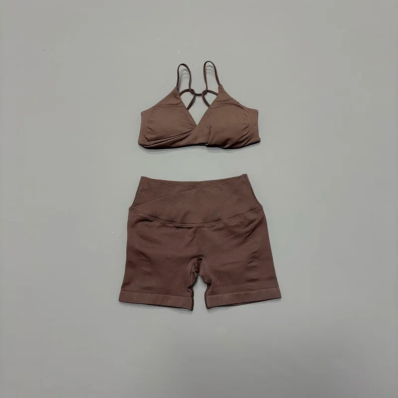 Women's Strappy Bra And Shorts Yoga Set For Workout Outfits