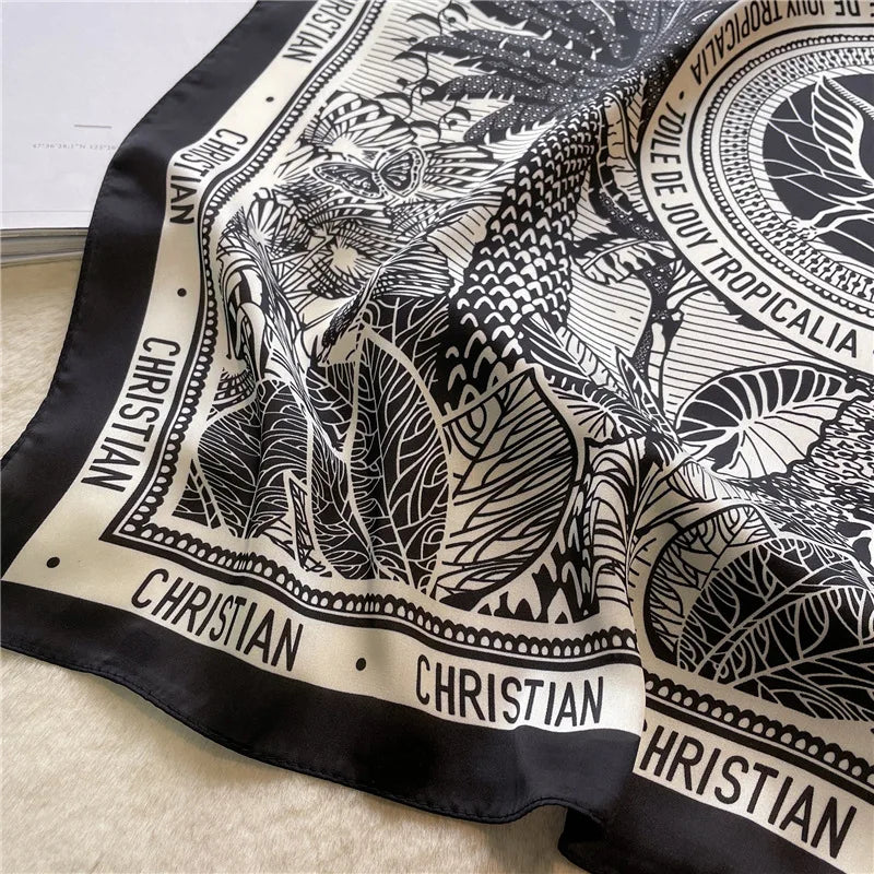 Letter Print Square Scarf with Patterned Border Design