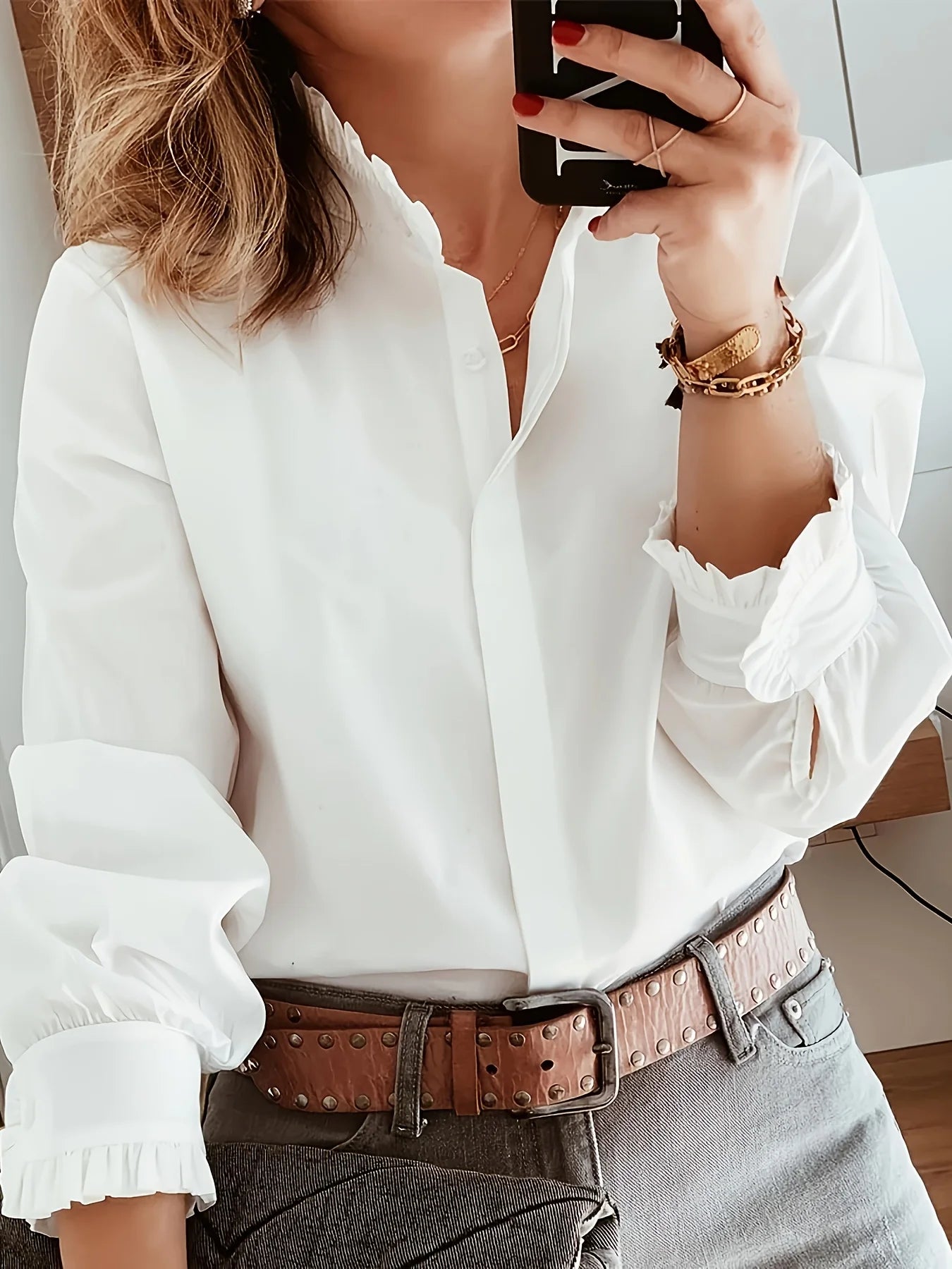 Women's Plain Long Sleeve Collared Shirt