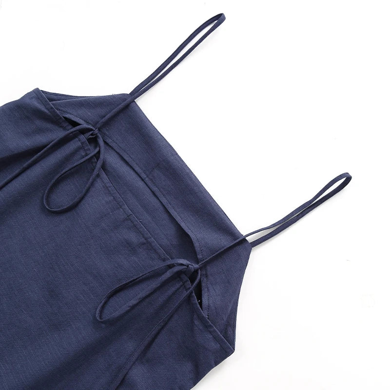 Women's Cotton-Linen Sleeveless A-Line Mini Dress with Straps and Back Tie Detail