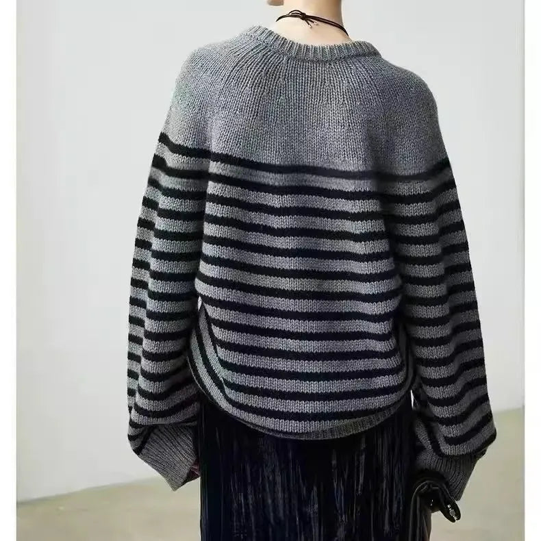 High-end V-neck striped 100% wool knitted sweater loose pullover sweater women wool base layer