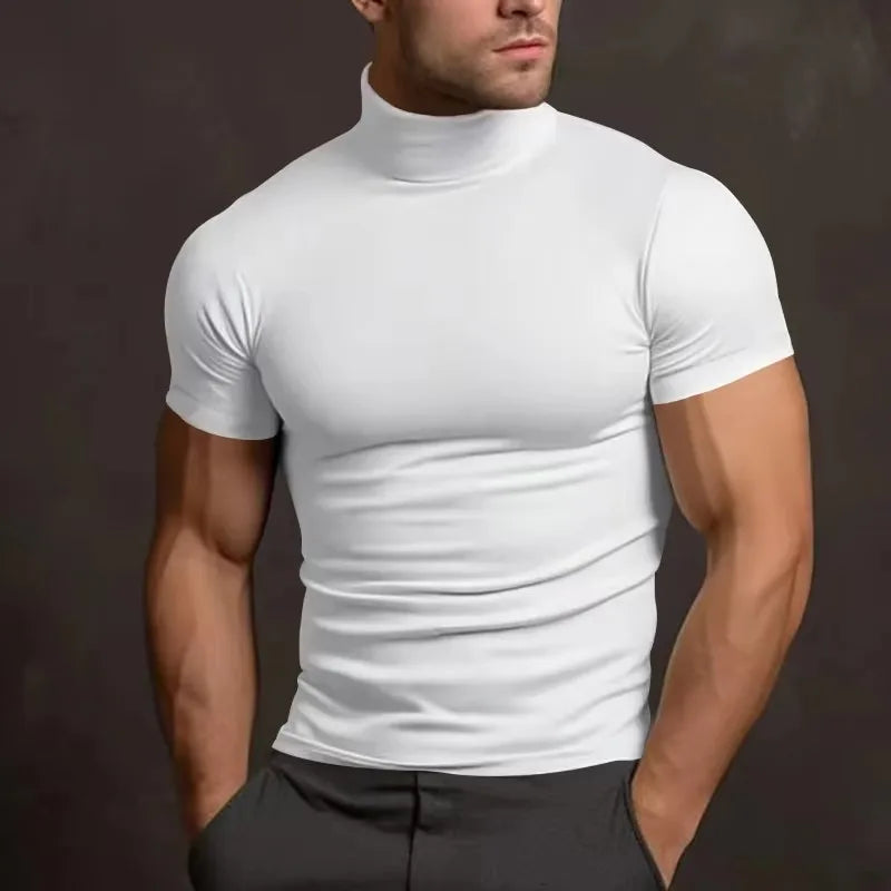 Solid Mock Neck Short Sleeve Fitted Compression T Shirt