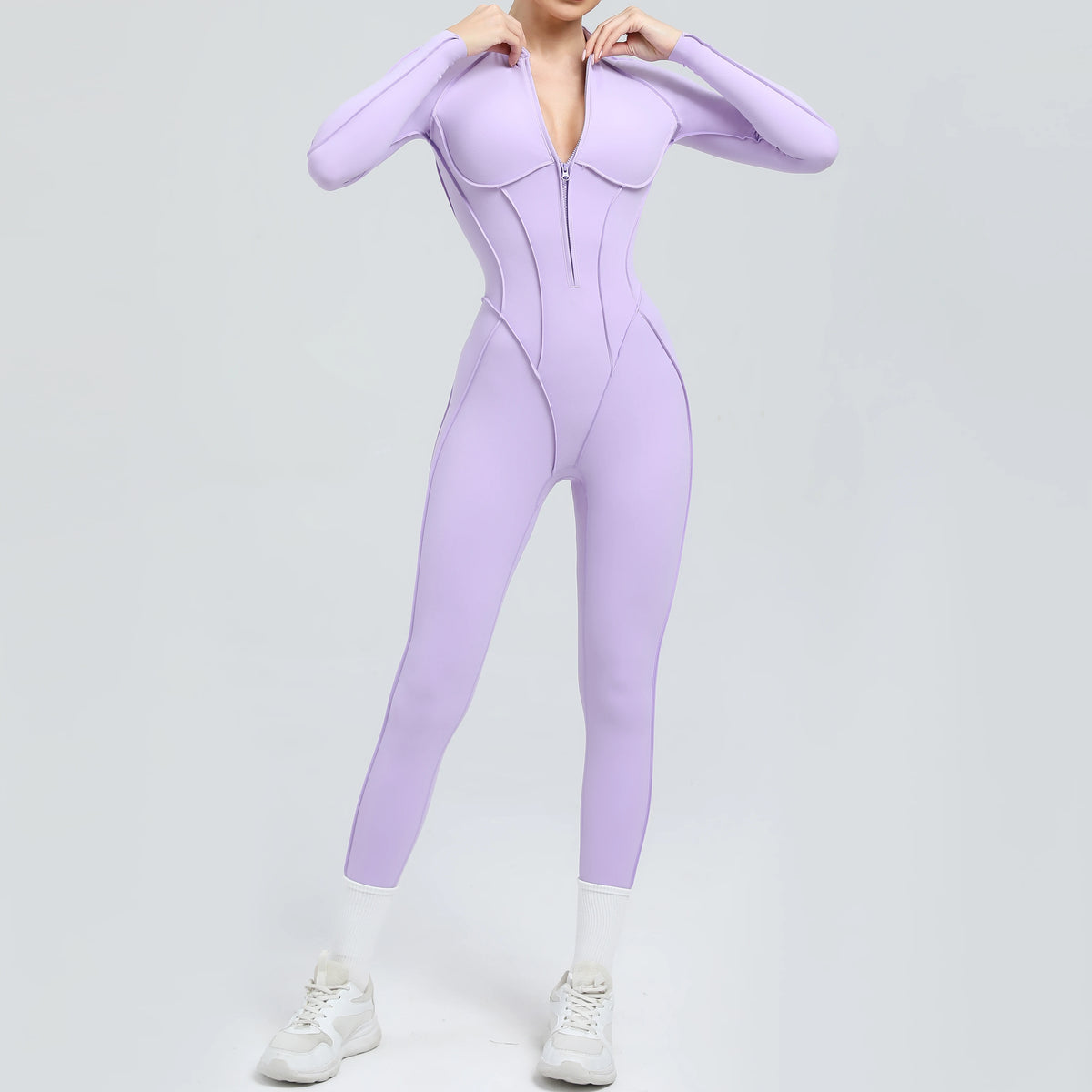 Women's Long Sleeve Zip Front Back Cutout Workout Jumpsuit