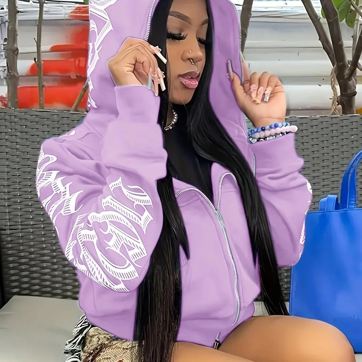 Letter Graphic Long Sleeve Full Zip Casual Hoodie