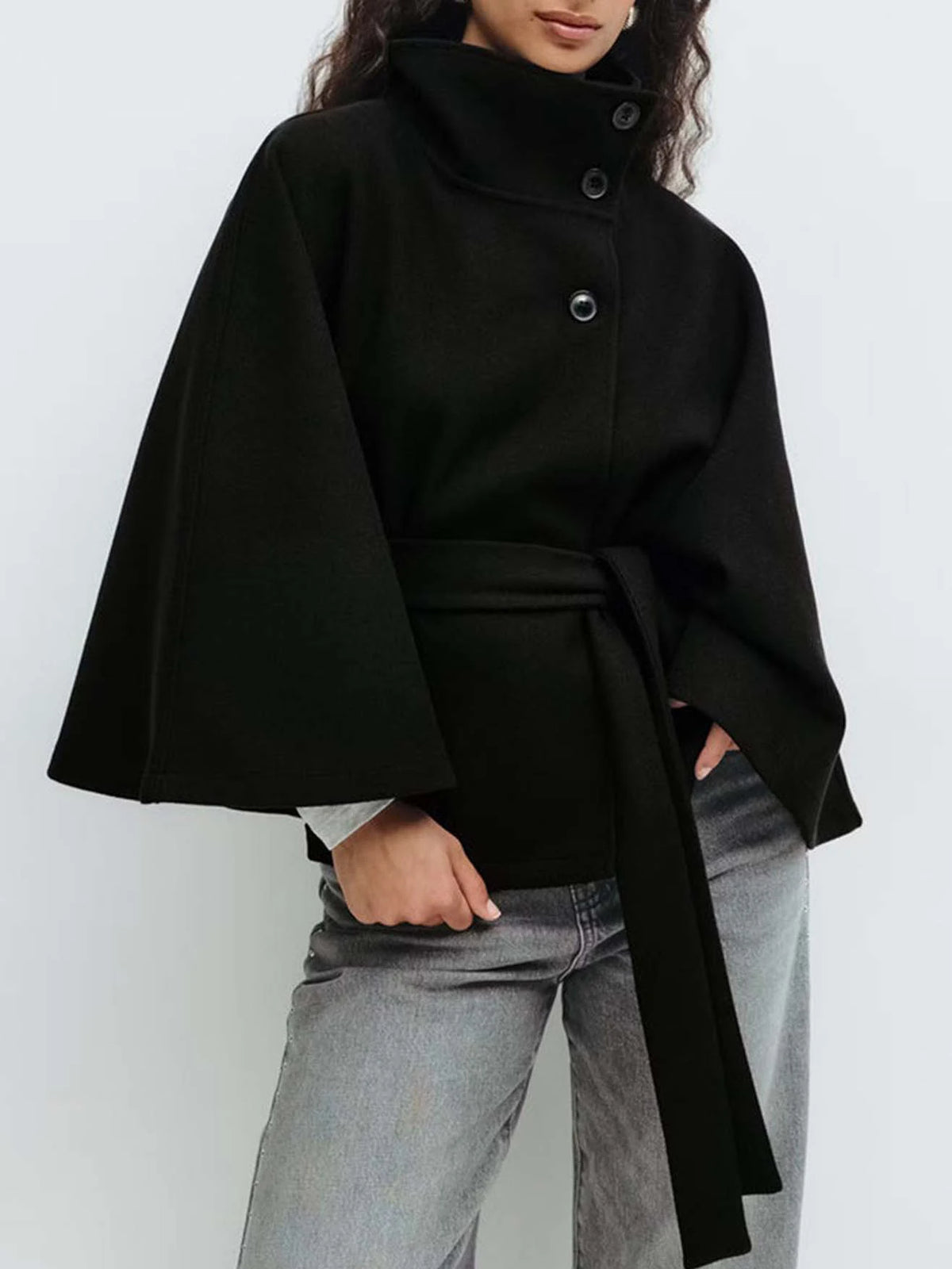 Belted Stand Collar Cape for Layering over Outfits