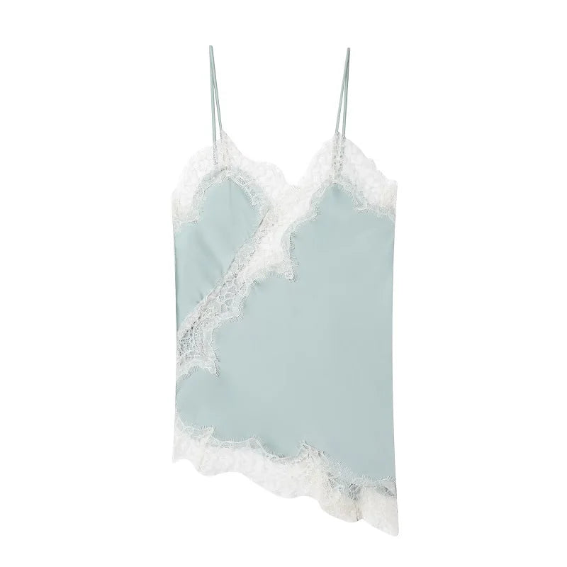 Women's Asymmetric Lace Trim Satin Camisole with Thin Shoulder Straps