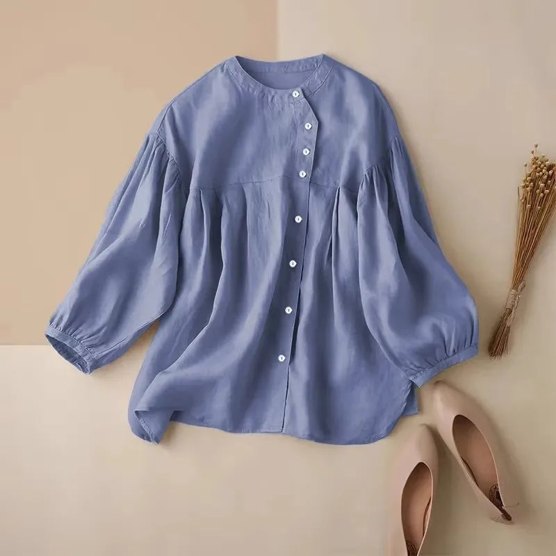 Women's Linen-Rayon Long-Sleeve Loose Round-Neck Blouse with Button Detail for Casual Outfits