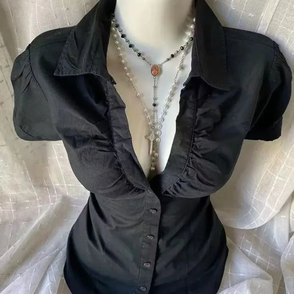 Women's Fitted Ruffle Detail Short Sleeve Shirt