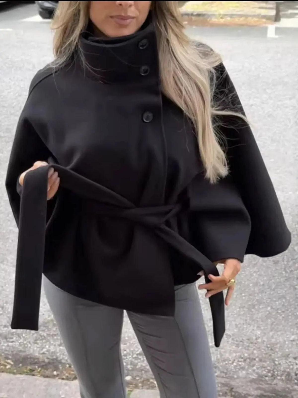 Belted Stand Collar Cape for Layering over Outfits
