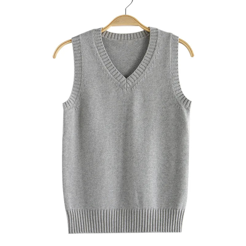 Women's Cotton-Polyester Sleeveless V-Neck Regular-Fit Knit Pullover Vest for Preppy Layered Outfits