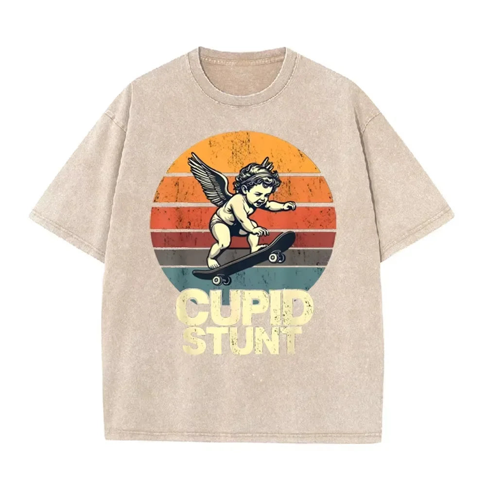 Retro Beige  Cupid Stunt  Skate Graphic Acid Wash Oversized Tee
