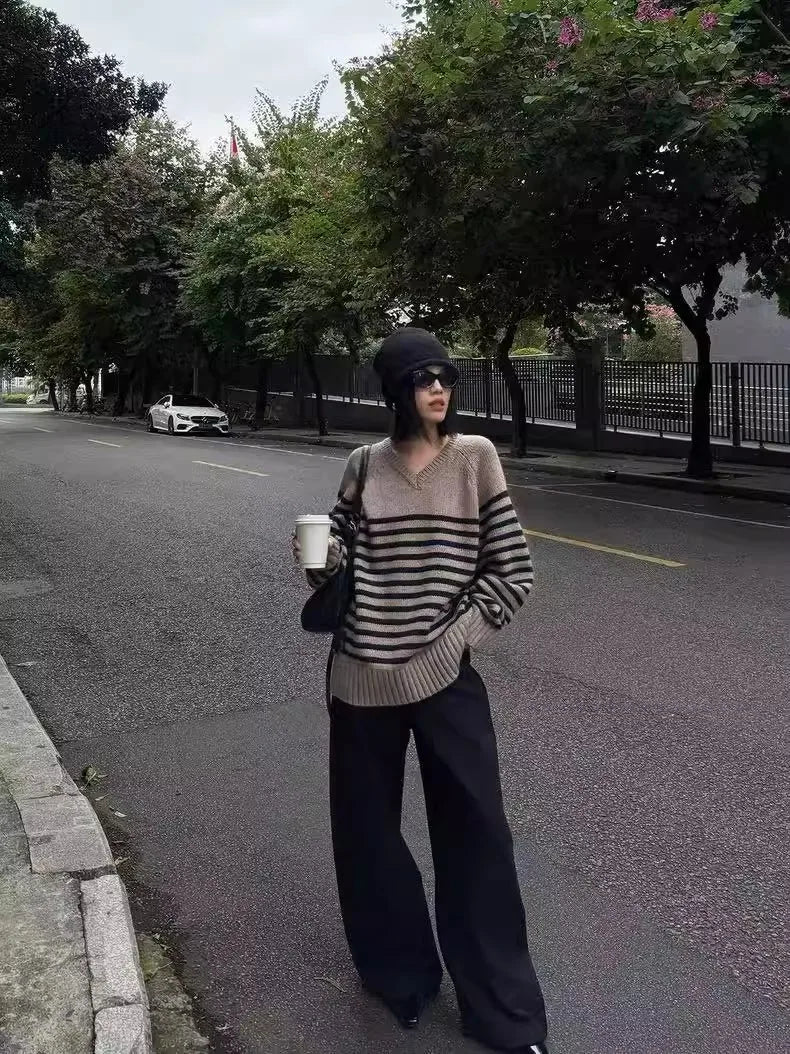 High-end V-neck striped 100% wool knitted sweater loose pullover sweater women wool base layer