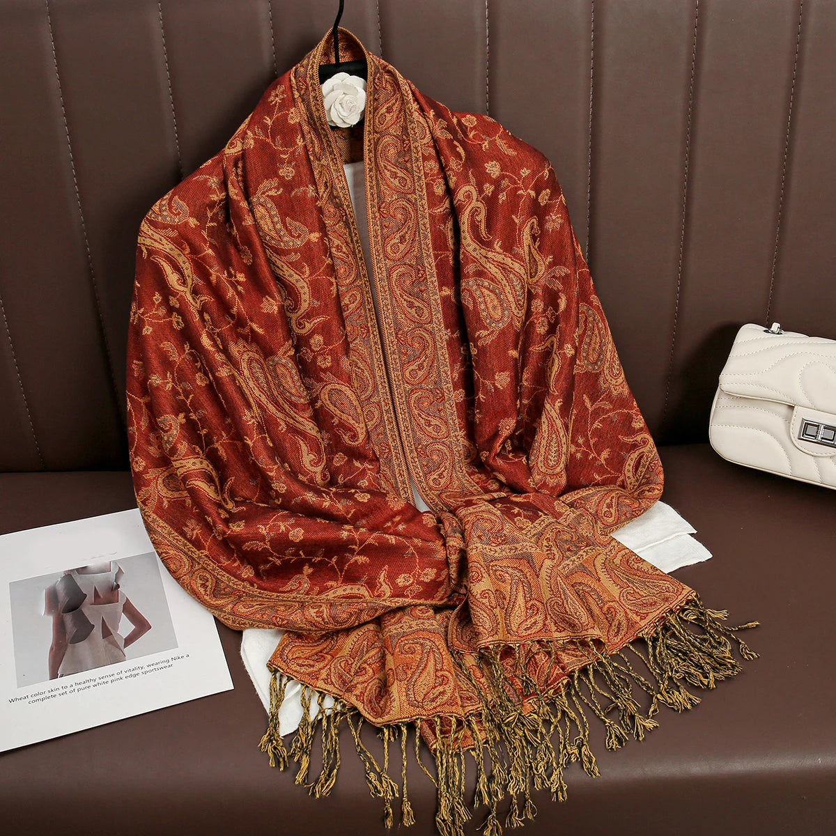 Paisley Floral Print Long Scarf with Fringed Ends