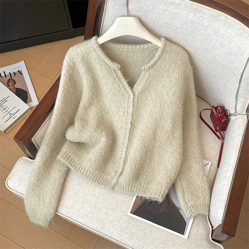 Women's Fluffy V Neck Zip Front Cardigan Casual Knit Layer