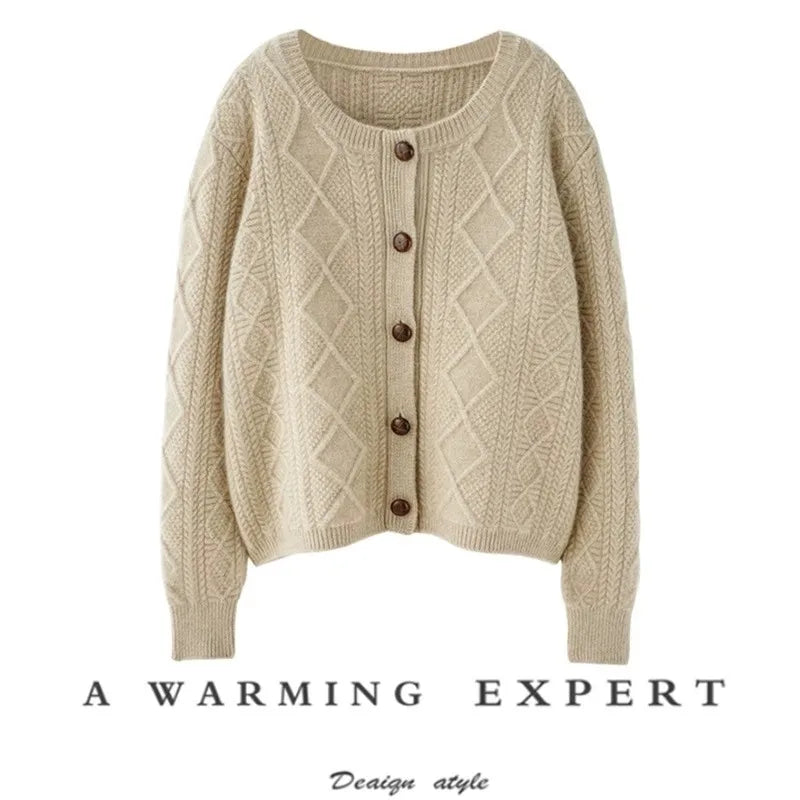 new autumn and winter cashmere twisted floral women's round neck cardigan sweater loose 100%wool