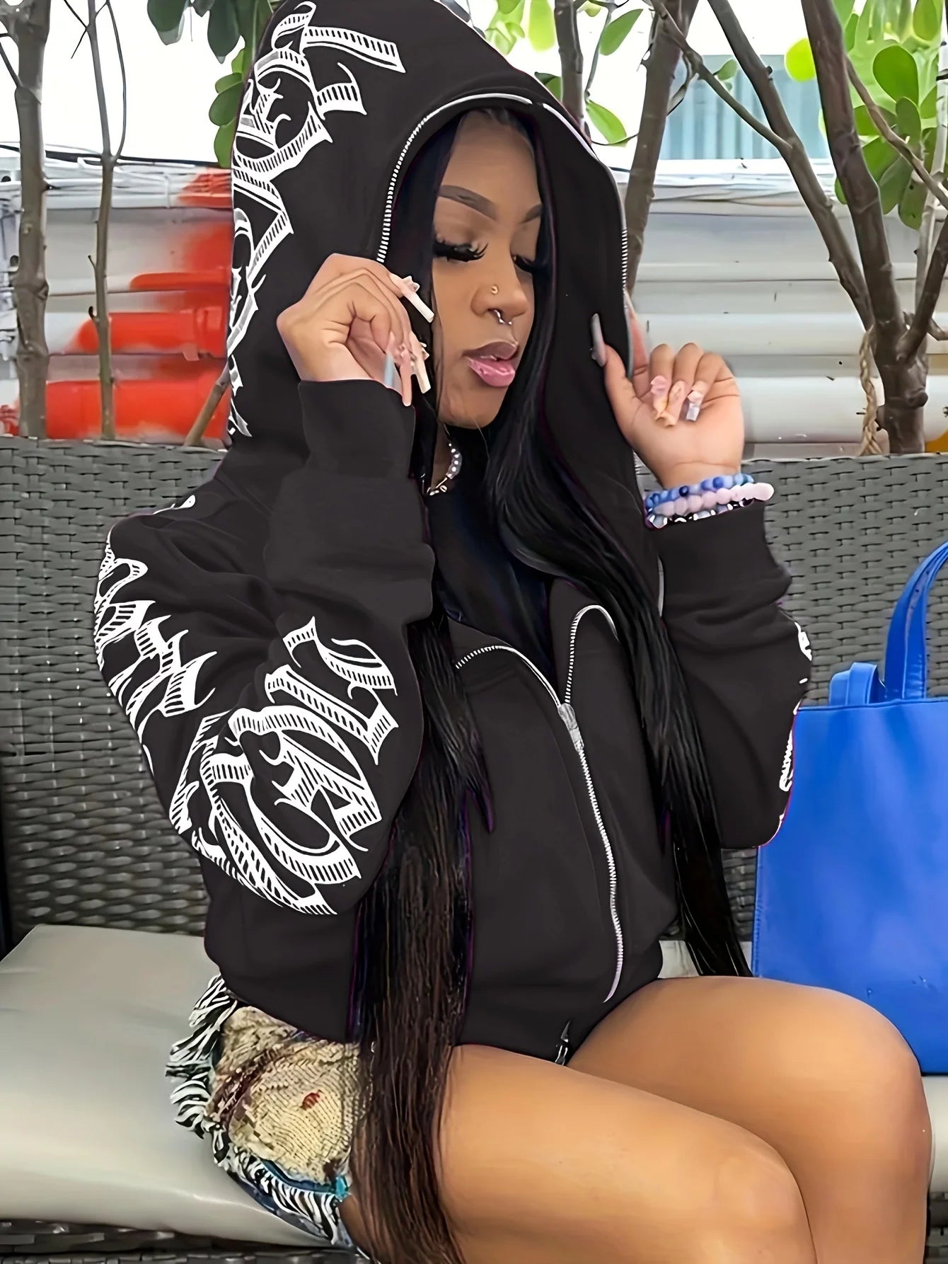 Letter Graphic Long Sleeve Full Zip Casual Hoodie