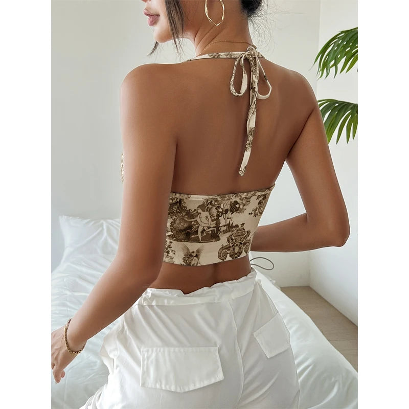 Women's Printed Crop Top with Halter Neckline and Pointed Front Hem
