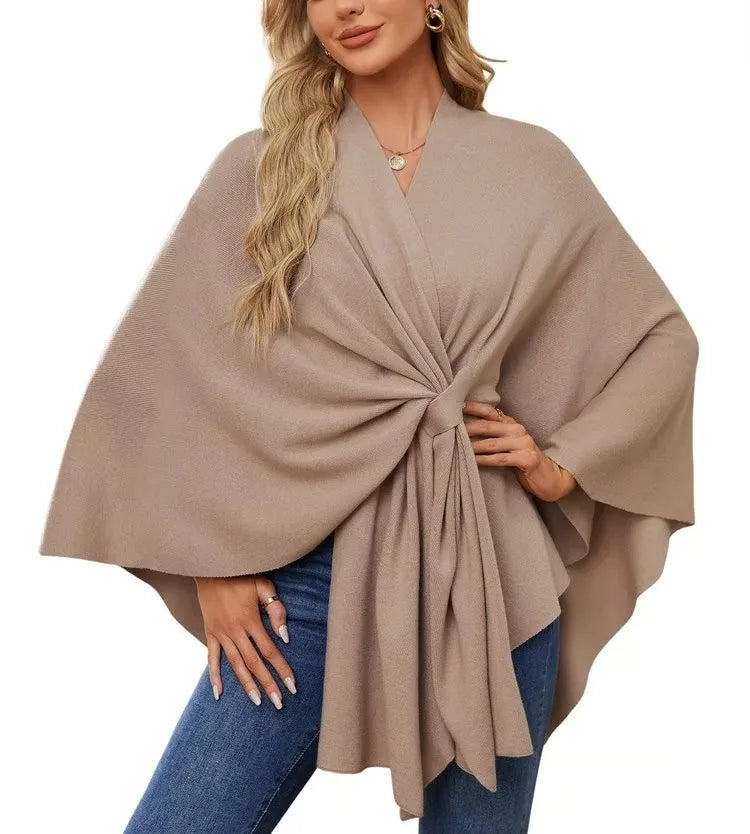 Ribbed Open Front Drape Poncho for Layering over Outfits