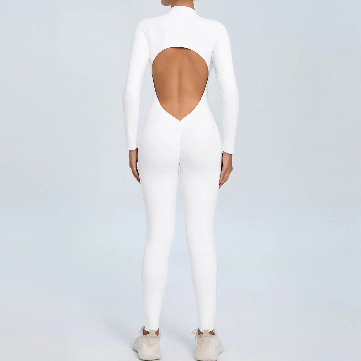 Women's Long Sleeve Nylon Blend Workout Jumpsuit with Zipper and Open Back